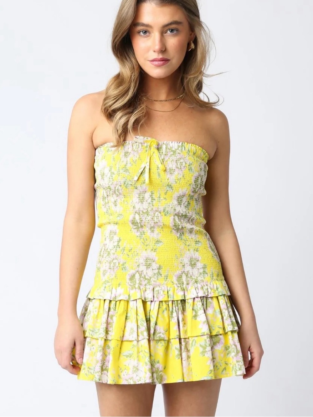 Yellow Floral Strapless Smocked Mini Dress with Ruffle Skirt